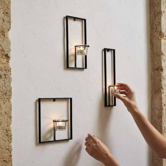 DanDiBo Wall Tealight Holder Metal Black Carre Set of 3 Wall Candle Holder Tealight Holder Wall Mounted Candle Holder