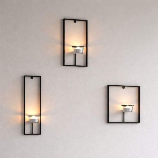 DanDiBo Wall Tealight Holder Metal Black Carre Set of 3 Wall Candle Holder Tealight Holder Wall Mounted Candle Holder