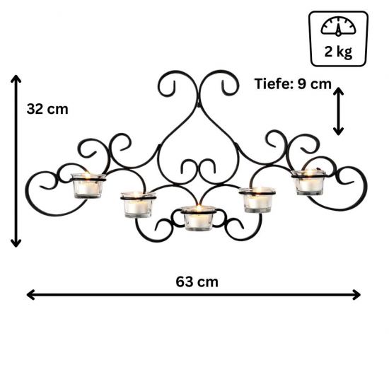 Preview: DanDiBo Wall Tealight Holder Metal Black Palace Wall Candle Holder 63 cm Tealight Holder Wall Mounted Candle Holder