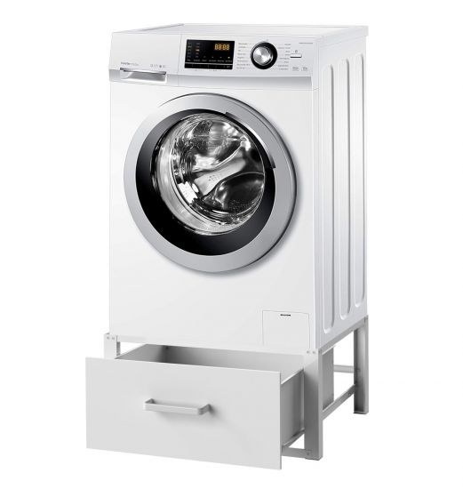 DanDiBo Waschmaschinen Untergestell mit Schublade Metall Weiß 96502 Waschmaschinenunterschrank Waschmaschinensockel Erhöhung Podest Modern Gummiert