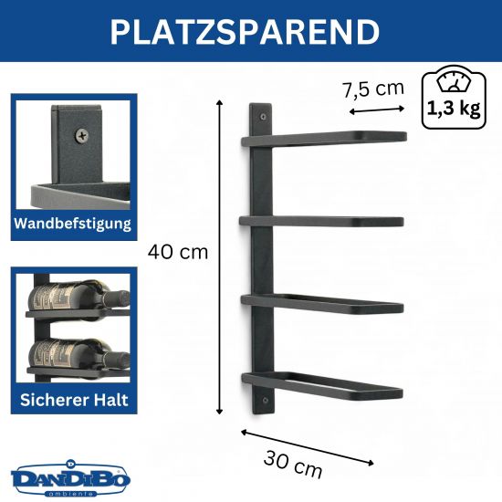 DanDiBo Wine Rack Wall Black Metal 96638 Bottle Rack Bottle Holder Wall Mount Modern Wall Shelf for 4 Bottles