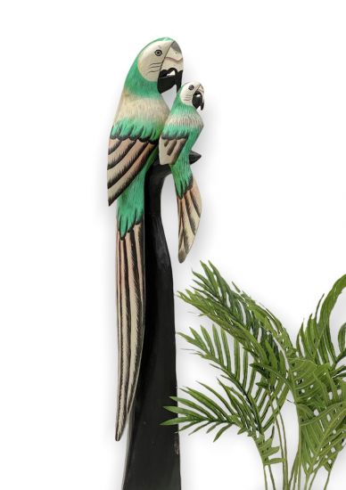 DanDiBo Deko Figur Papagei 2er Nr.34 Vogel aus Holz Skulptur Grün Creme 98 cm Holzvogel Handgeschnitzt Stehend Tierfigur Schnitzskulptur