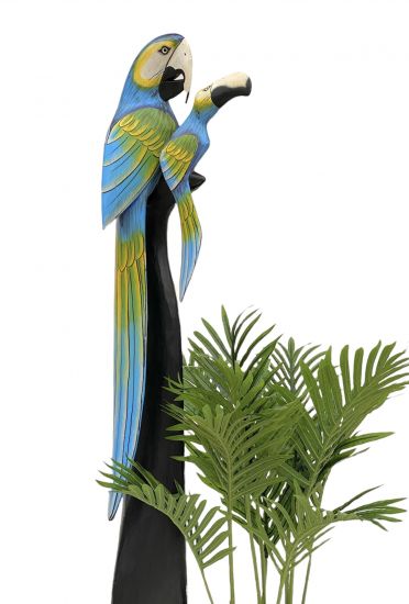 DanDiBo Deko Figur Papagei 2er Nr.36 Vogel aus Holz Skulptur Blau Gelb 98 cm Holzvogel Handgeschnitzt Stehend Tierfigur Schnitzskulptur