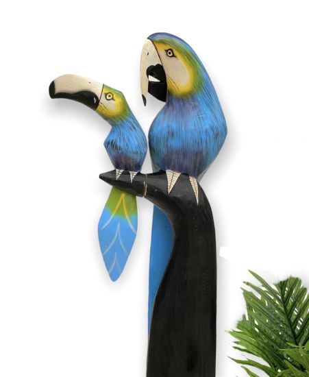 DanDiBo Deko Figur Papagei 2er Nr.36 Vogel aus Holz Skulptur Blau Gelb 98 cm Holzvogel Handgeschnitzt Stehend Tierfigur Schnitzskulptur