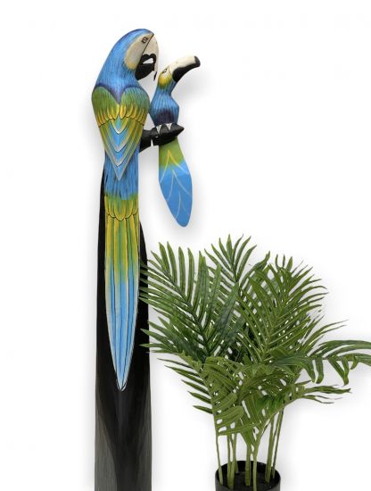 DanDiBo Deko Figur Papagei 2er Nr.45 Vogel aus Holz Skulptur Blau Gelb 98 cm Holzvogel Handgeschnitzt Stehend Tierfigur Schnitzskulptur