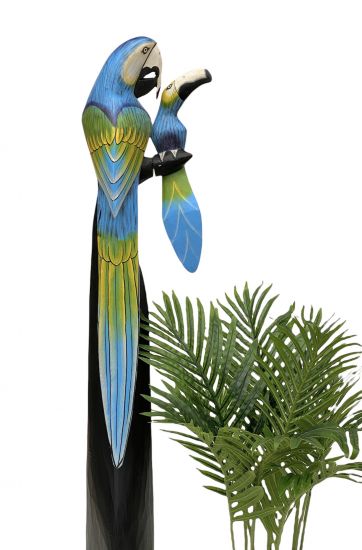 DanDiBo Deko Figur Papagei 2er Nr.45 Vogel aus Holz Skulptur Blau Gelb 98 cm Holzvogel Handgeschnitzt Stehend Tierfigur Schnitzskulptur