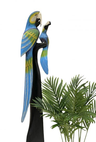 DanDiBo Deko Figur Papagei 2er Nr.48 Vogel aus Holz Skulptur Blau Gelb 101 cm Holzvogel Handgeschnitzt Stehend Tierfigur Schnitzskulptur