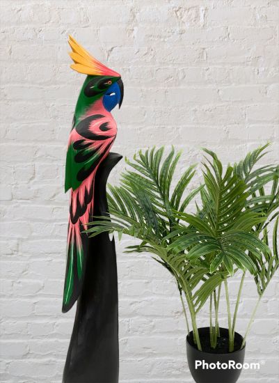 DanDiBo Deko Figur Papagei Nr.11 Vogel aus Holz Skulptur Grün Rosa 80 cm Holzvogel Handgeschnitzt Stehend Tierfigur Schnitzskulptur
