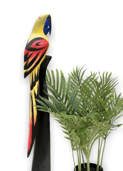 DanDiBo Deko Figur Papagei Nr.18 Vogel aus Holz Skulptur Gelb Rot 80 cm Holzvogel Handgeschnitzt Stehend Tierfigur Schnitzskulptur