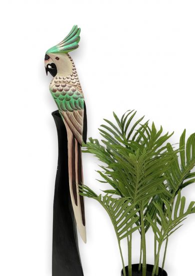 DanDiBo Deko Figur Papagei Nr.30 Vogel aus Holz Skulptur Grün Creme 80 cm Holzvogel Handgeschnitzt Stehend Tierfigur Schnitzskulptur
