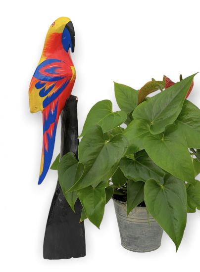 DanDiBo Deko Figur Papagei Nr.54 Vogel aus Holz Skulptur Gelb Rot 50 cm Holzvogel Handgeschnitzt Stehend Tierfigur Schnitzskulptur