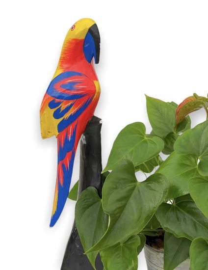 DanDiBo Deko Figur Papagei Nr.54 Vogel aus Holz Skulptur Gelb Rot 50 cm Holzvogel Handgeschnitzt Stehend Tierfigur Schnitzskulptur