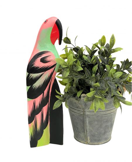 DanDiBo Deko Figur Papagei Nr.56 Vogel aus Holz Skulptur Rosa 28 cm Holzvogel Handgeschnitzt Stehend Tierfigur Schnitzskulptur