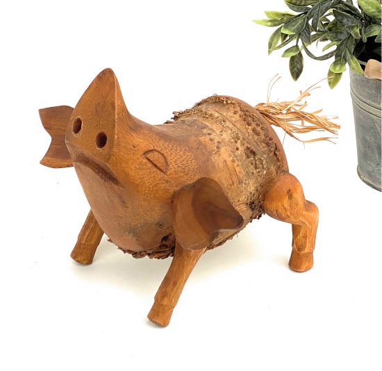 DanDiBo Deko Figur Schwein Nr.60 Schweinchen aus Holz Skulptur Braun 20 cm Holzdekoration Handgeschnitzt Stehend Tierfigur Schnitzskulptur
