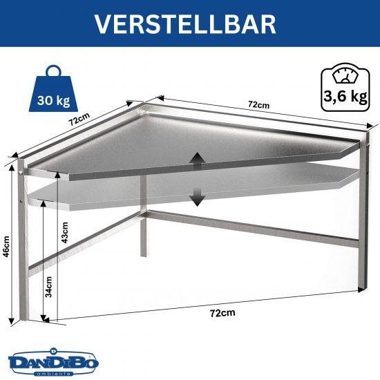 Preview: DanDiBo Eckregal Küche Arbeitsplatte Küchenregal 72x72 cm Mikrowellenregal Edelstahl  2 Stufig 96690 Mikrowellen Regal Ecke
