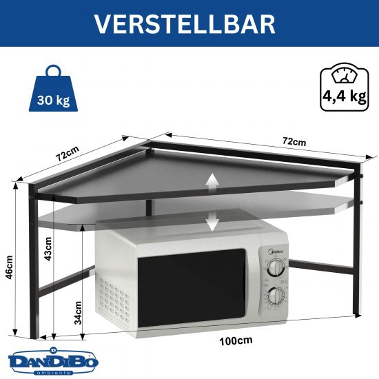 Preview: DanDiBo Eckregal Küche Arbeitsplatte Küchenregal 72x72 cm Mikrowellenregal Schwarz 2 Stufig 96688 Mikrowellen Regal Ecke