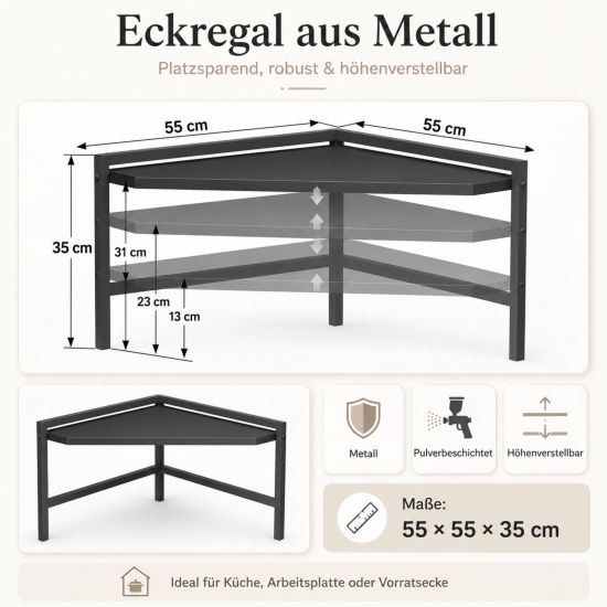 Preview: DanDiBo Eckregal Küche Küchenregal Arbeitsplatte 55x55 cm Mikrowellenregal Schwarz 2 Stufig 96736 Mikrowellen Regal Ecke