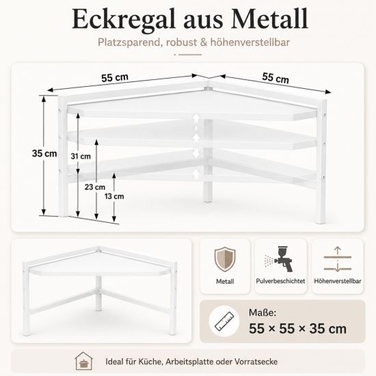 Preview: DanDiBo Eckregal Küche Küchenregal Arbeitsplatte 55x55 cm Mikrowellenregal Weiß 2 Stufig 96737 Mikrowellen Regal Ecke
