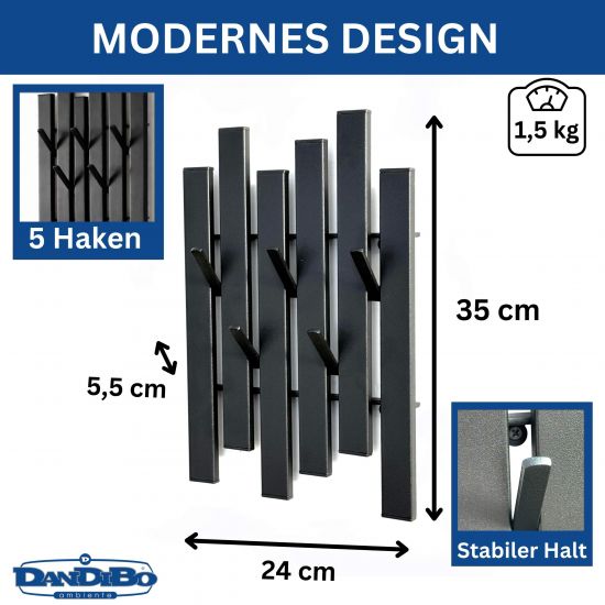 Preview: DanDiBo Garderobe Wand Schwarz Metall 96739 Wandgarderobe mit 5 Haken Schmal Garderobenpaneel Flurgarderobe Modern Hakenleiste Garderobenhaken