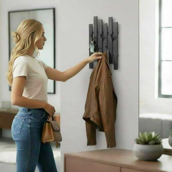 DanDiBo Garderobe Wand Schwarz Metall 96739 Wandgarderobe mit 5 Haken Schmal Garderobenpaneel Flurgarderobe Modern Hakenleiste Garderobenhaken