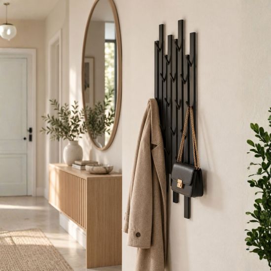 DanDiBo Garderobe Wand Schwarz Metall 96612 / 96782 Wandgarderobe mit 18 Haken Schmal Flurgarderobe Modern Hakenleiste Garderobenhaken