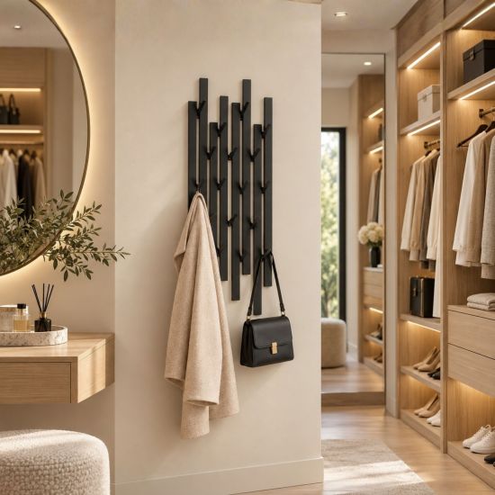 DanDiBo Garderobe Wand Schwarz Metall 96612 / 96782 Wandgarderobe mit 18 Haken Schmal Flurgarderobe Modern Hakenleiste Garderobenhaken