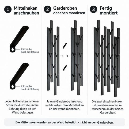 Preview: DanDiBo Garderobe Wand Schwarz Metall 96612 / 96782 Wandgarderobe mit 18 Haken Schmal Flurgarderobe Modern Hakenleiste Garderobenhaken