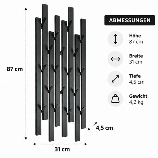 Preview: DanDiBo Garderobe Wand Schwarz Metall 96612 / 96782 Wandgarderobe mit 18 Haken Schmal Flurgarderobe Modern Hakenleiste Garderobenhaken