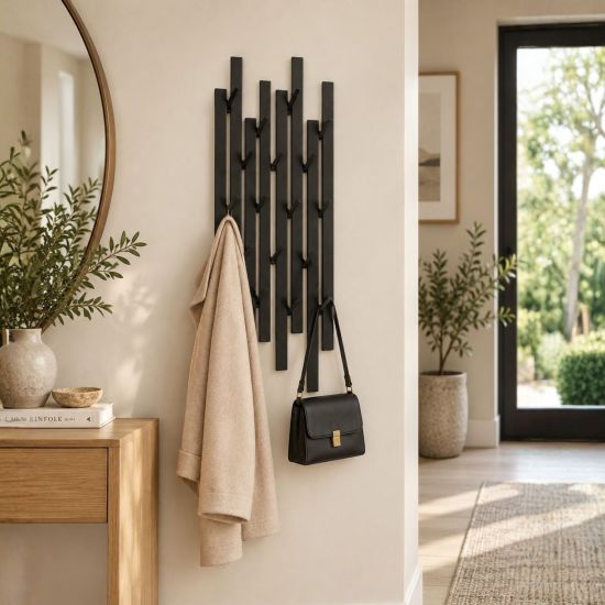 DanDiBo Garderobe Wand Schwarz Metall 96612 / 96782 Wandgarderobe mit 18 Haken Schmal Flurgarderobe Modern Hakenleiste Garderobenhaken