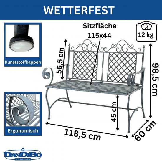 DanDiBo Garden Bench Weatherproof 2 Seater Metal Grey 120 cm 96592 Bench Iron Bench Garden Antique Park Bench
