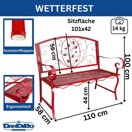 Preview: DanDiBo Garden Bench Rosso Weatherproof 2-Seater Metal Red 110 cm 96707 Outdoor Bench Iron Garden Antique Park Bench