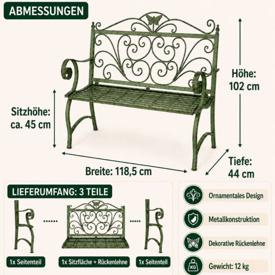 Preview: DanDiBo Panchina da Giardino Resistente alle Intemperie Metallo 2 Posti Panchina da Esterno 120 cm Patina Verde 96021 Panchina da Balcone Panchina da Parco Panchina da Giardino