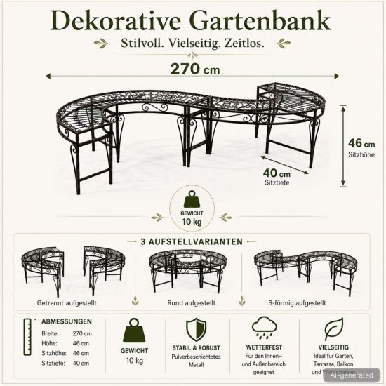 Preview: DanDiBo Gartenbank Wetterfest Metall S-Form Braun 96766 Sitzbank Garten Bank Parkbank Eisen