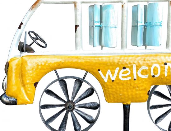 DanDiBo Gartenstecker Metall Bus Auto XL 160 cm Gelb Weiß 96104 Windspiel Willkommen Windrad Wetterfest Gartendeko Gartenstab Bodenstecker Mini Van