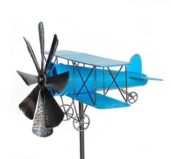 DanDiBo Gartenstecker Metall Flugzeug XL 160 cm Doppeldecker Blau 96099 Windspiel Windrad Wetterfest Gartendeko Garten Gartenstab Bodenstecker