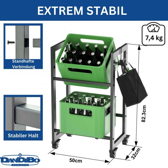 Preview: DanDiBo crate rack 2 beverage crates with grid hooks castors slim metal black 96649 beverage rack crate shelf drink storage container