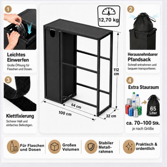 Preview: DanDiBo Bottle Crate Rack for 4 Crates with Shelf Deposit Bottle Container 2 in 1 Black Metal 96647 Beverage Rack Storage Container, Crate Holder Drinks Shelf