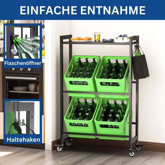 Preview: DanDiBo beverage crate shelf 4 crates with storage surface wheels hooks metal black 96651 beverage shelf crate shelf drinks shelf