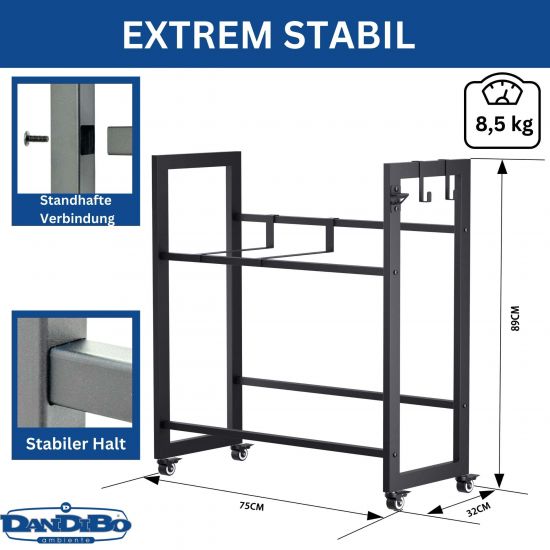 Preview: DanDiBo beverage crate rack for 4 crates with grid hooks wheels metal black 96650 beverage rack crate shelf