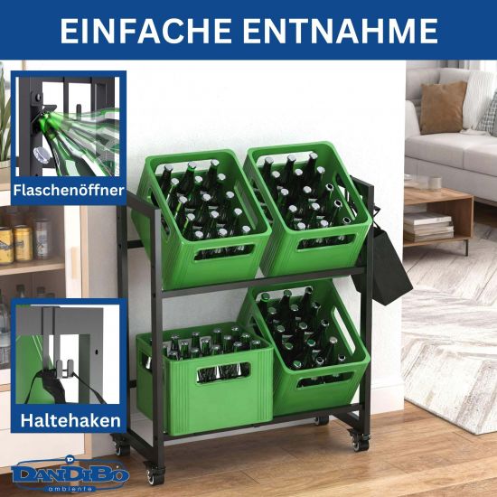 Preview: DanDiBo beverage crate rack for 4 crates with grid hooks wheels metal black 96650 beverage rack crate shelf