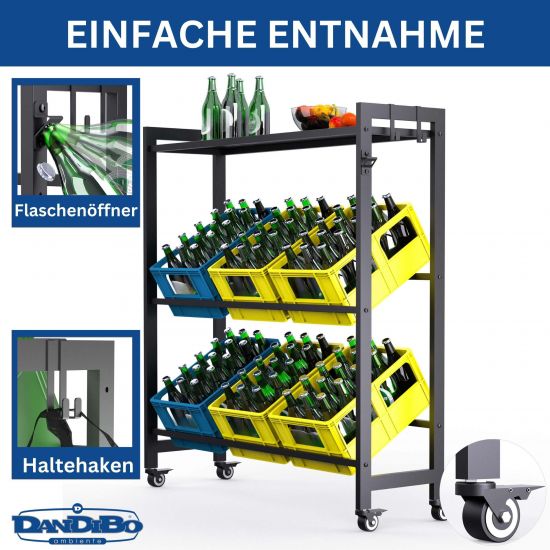 Preview: DanDiBo Bottle Crate Rack 6 Crates with Shelf Wheels Hooks Metal Black 96653 Beverage Rack Crate Rack Drinks Shelf Container