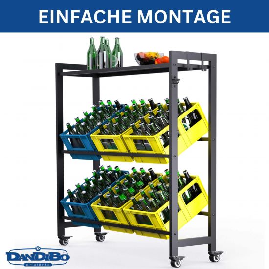 DanDiBo Bottle Crate Rack 6 Crates with Shelf Wheels Hooks Metal Black 96653 Beverage Rack Crate Rack Drinks Shelf Container