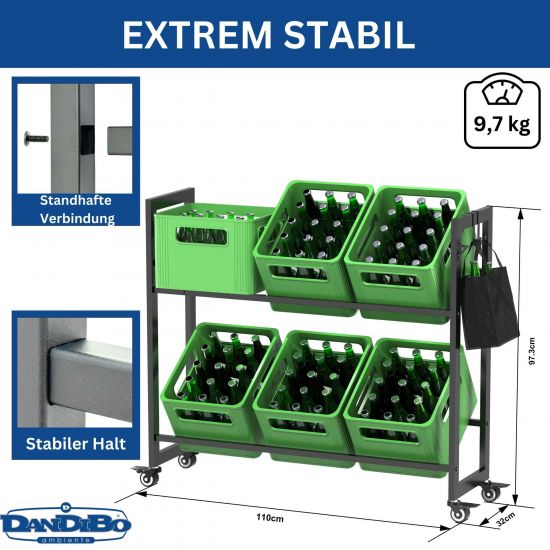 Preview: DanDiBo Bottle Crate Rack for 6 Crates with Grid Hooks Wheels Metal Black 96652 Beverage Rack Storage Organizer