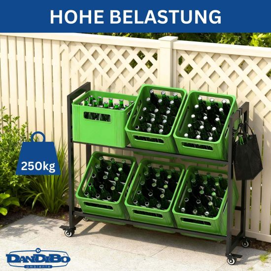 DanDiBo Bottle Crate Rack for 6 Crates with Grid Hooks Wheels Metal Black 96652 Beverage Rack Storage Organizer