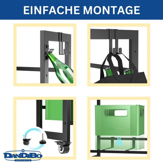 DanDiBo Bottle Crate Rack for 6 Crates with Grid Hooks Wheels Metal Black 96652 Beverage Rack Storage Organizer