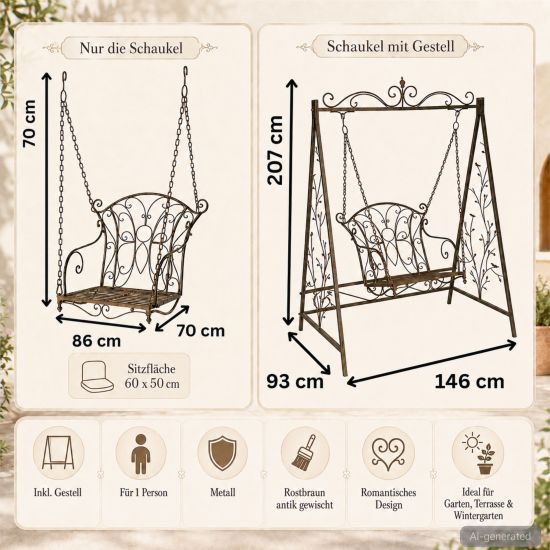 Preview: DanDiBo Hollywoodschaukel Metall Antik Gartenschaukel 18811+1868 Hängesessel Hängestuhl mit Gestell Schmiedeeisen Schaukel Garten
