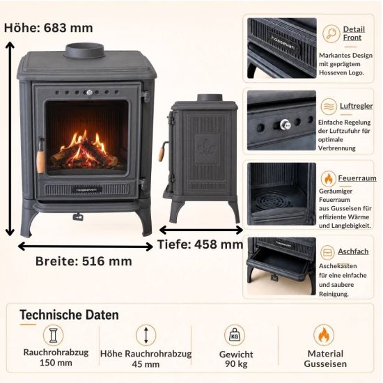 Hosseven Kaminofen Holzofen Gusseisen 7 kW Holz Ofen Kamin 8005 Heizofen Schweden Ofen Holzkamin Mehrfachbelegung