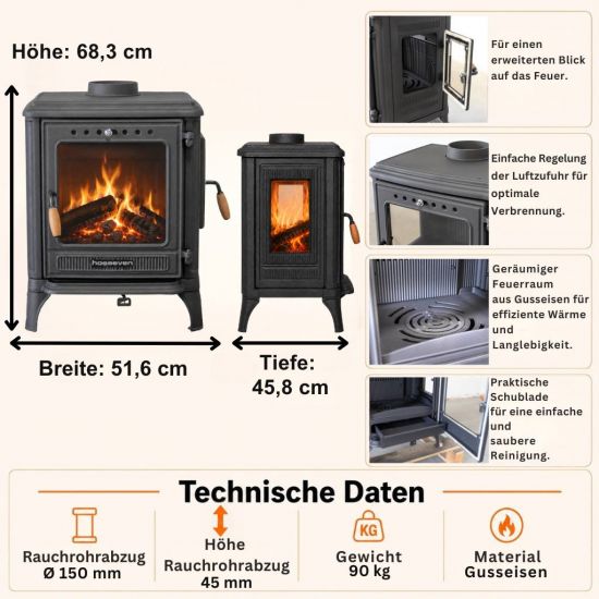 Preview: Hosseven Kaminofen Holzofen Wohnzimmer Holzkamin 8005CK Panorama 3 Seiten Glas 7 kW Holz Ofen Kamin Heizofen Schwedenofen Mehrfachbelegung