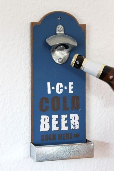 Wandflaschenöffner mit Kronkorkenbehälter 20003 Blau "Ice cold beer" Bieröffner 32cm Flaschenöffner