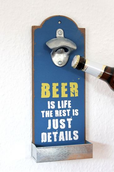 Wandflaschenöffner mit Kronkorkenbehälter 20003 Blau "Beer is life" Bieröffner 32cm Flaschenöffner